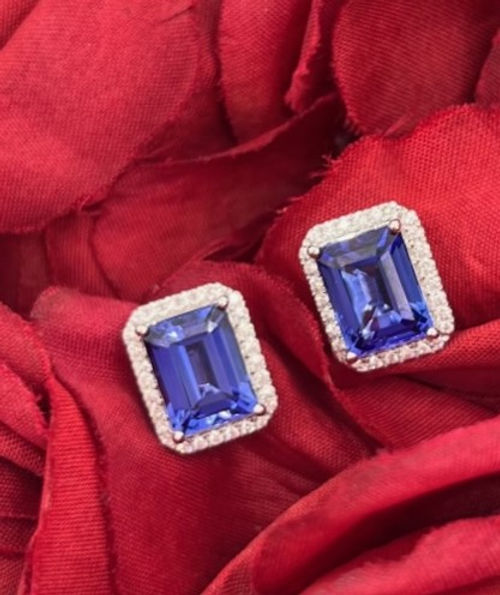 Dark Neon Blue Tanzanite & Diamond Earrings