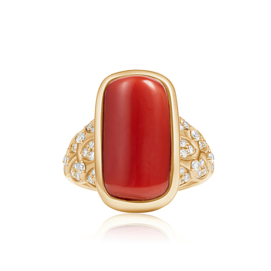 Cabochon Sardinian Coral & Diamond Ring